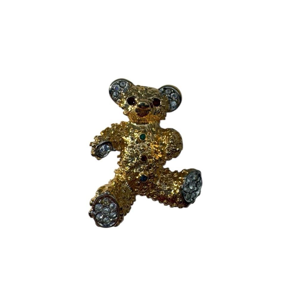 Vintage Gold Tone Textured Sparkly Rhinestone Christmas Teddy Bear Brooch Pin